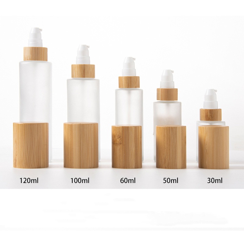 Nagyelo na cosmetic lotion pump fine mist at lotion glass spray bote na may takip na kahoy na kawayan Nagyelo na cosmetic lotion pump fine mist at lotion glass spray bote na may takip na kahoy na kawayan