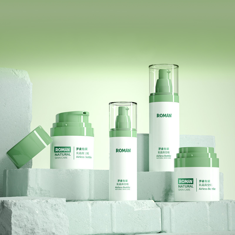 Plastik na cosmetic packaging facial cream bote 30ml 50ml 80ml berdeng airless pump bote na nakatakda na may electroplating para sa anti-edad serum bote