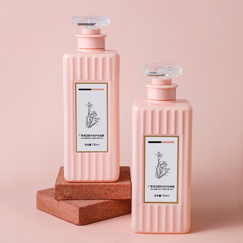 500ml 750ml square plastic pet lotion pump bote na may guhit na hugis ibabaw para sa hair oil shampoo at conditioner cosmetic container